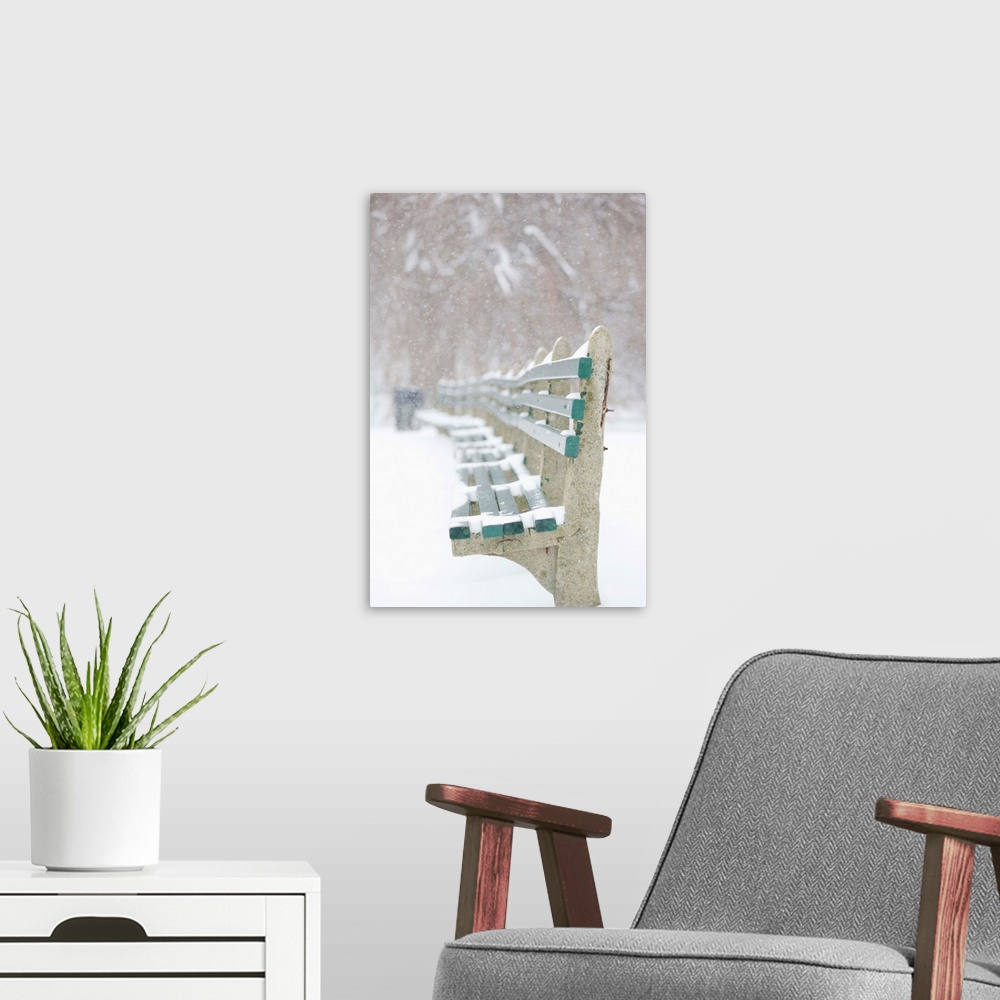 A modern room featuring Snowing on park benches, Boston, Massachusetts