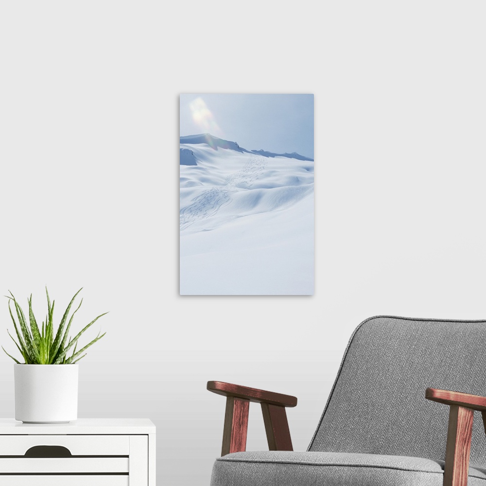 A modern room featuring Snowy mountain, snowboarding tracks