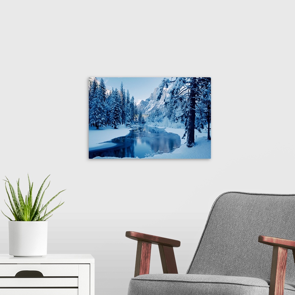 A modern room featuring Snowy river in Yosemite National Park, California