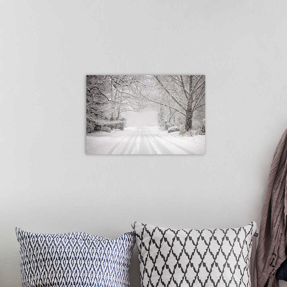 A bohemian room featuring Snowy road in snow storm