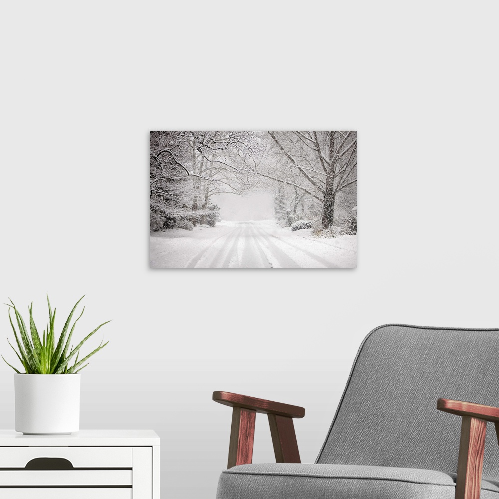 A modern room featuring Snowy road in snow storm