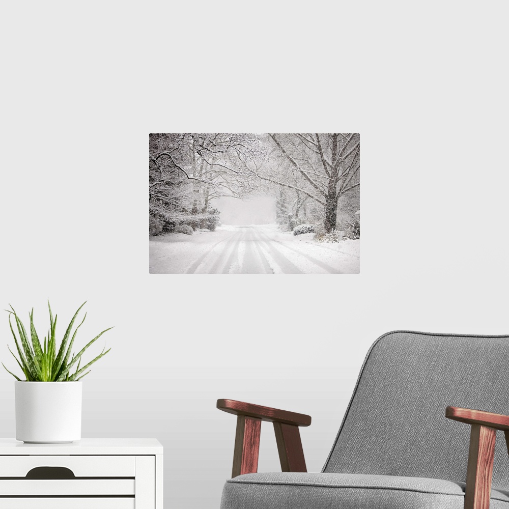 A modern room featuring Snowy road in snow storm