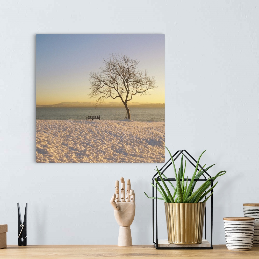 A bohemian room featuring Snowy winter sunset over the River Forth in Dalgety Bay.