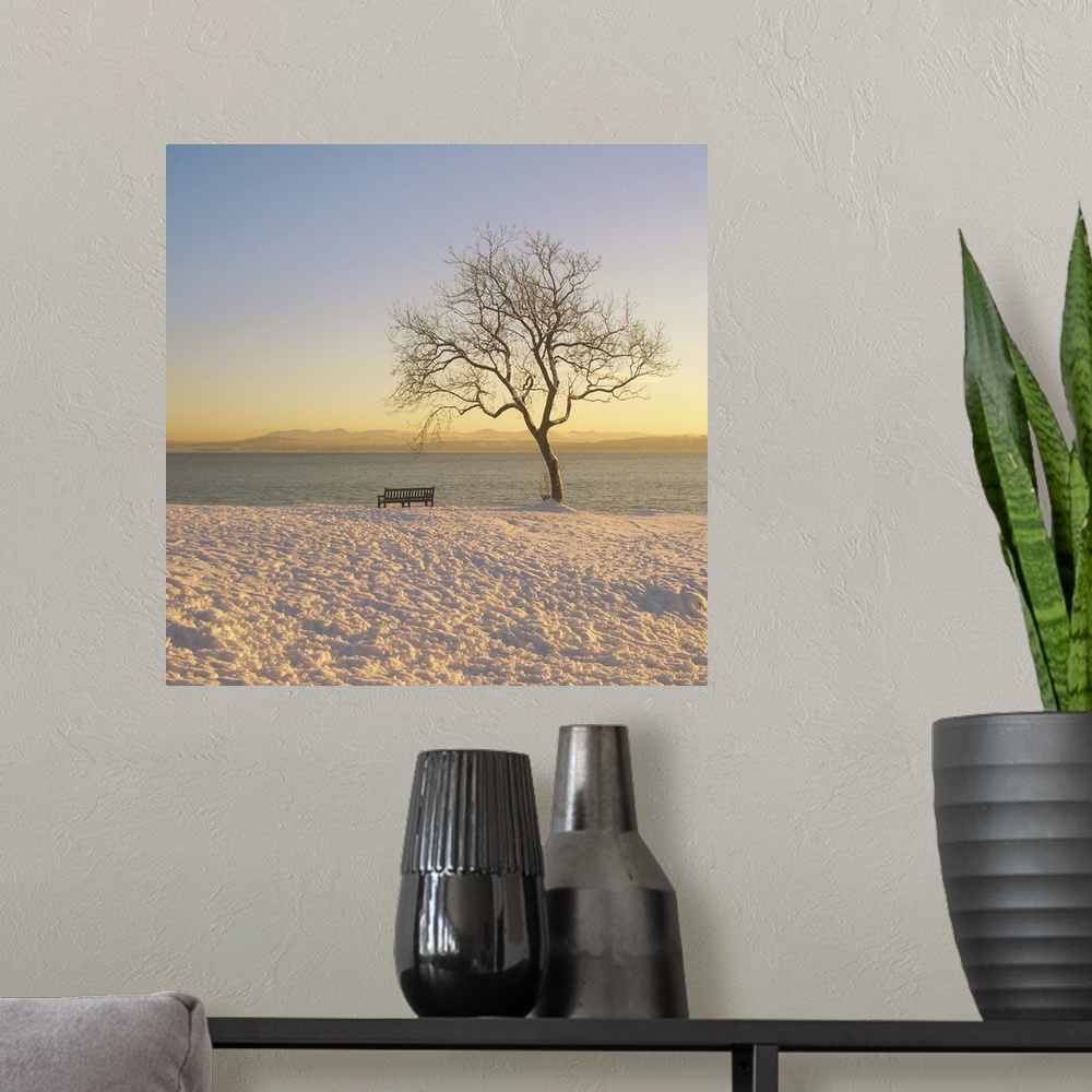 A modern room featuring Snowy winter sunset over the River Forth in Dalgety Bay.