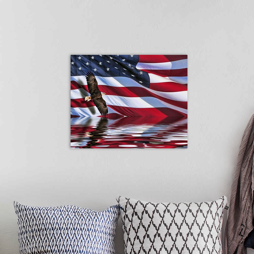 A bohemian room featuring A composite of two photos. One of a bald eagle, the other of a large American flag. Photos compos...