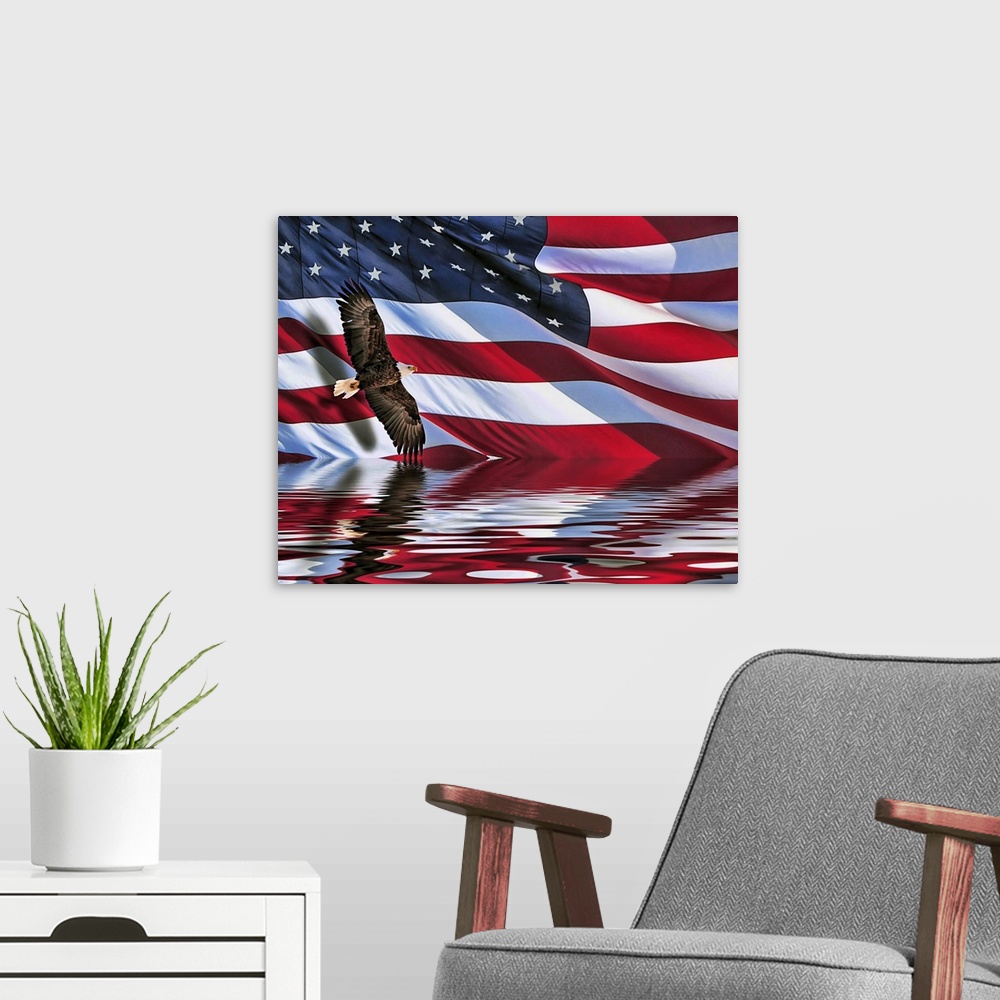 A modern room featuring A composite of two photos. One of a bald eagle, the other of a large American flag. Photos compos...