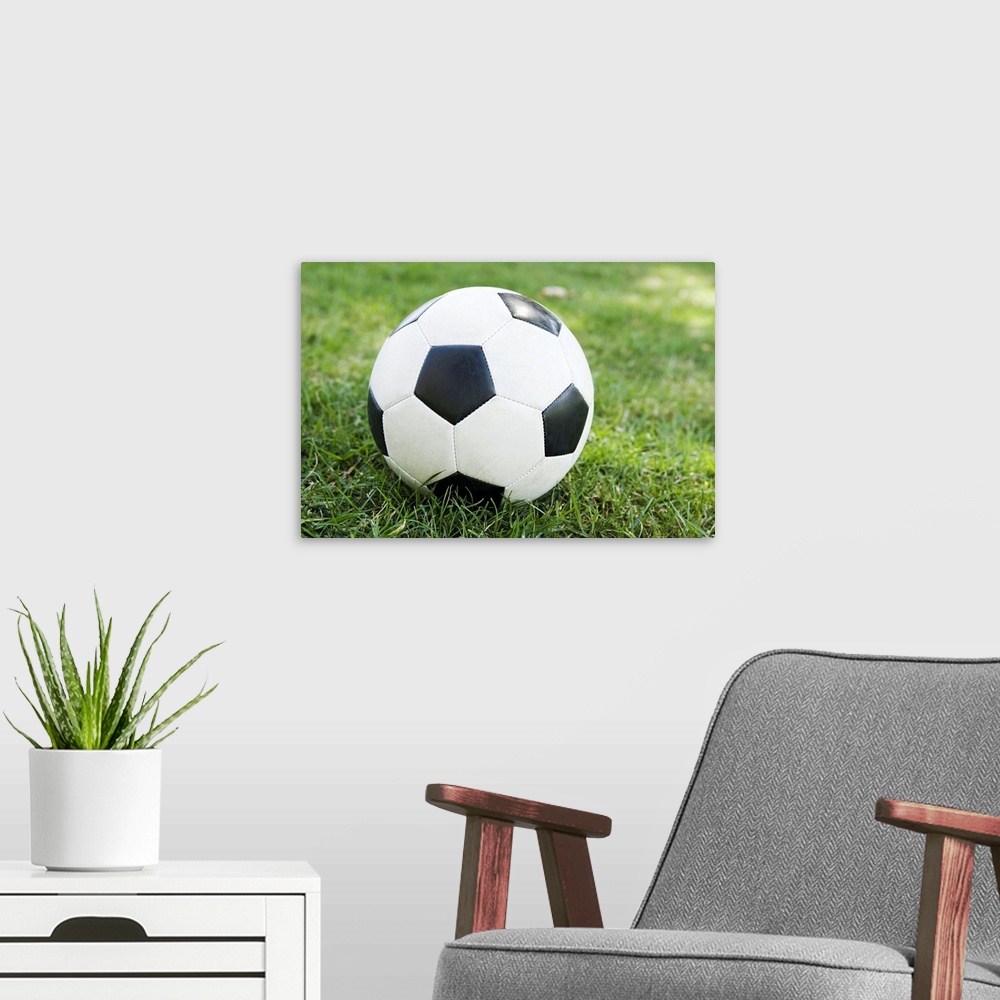 A modern room featuring Soccer ball on grass