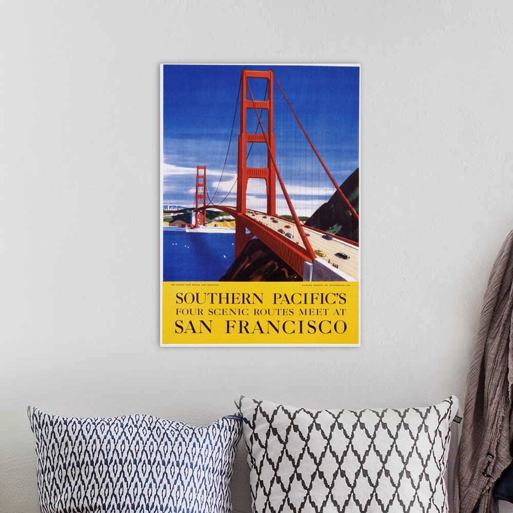 A bohemian room featuring Southern Pacific's Four Scenic Routes Meet At San Francisco Travel Poster