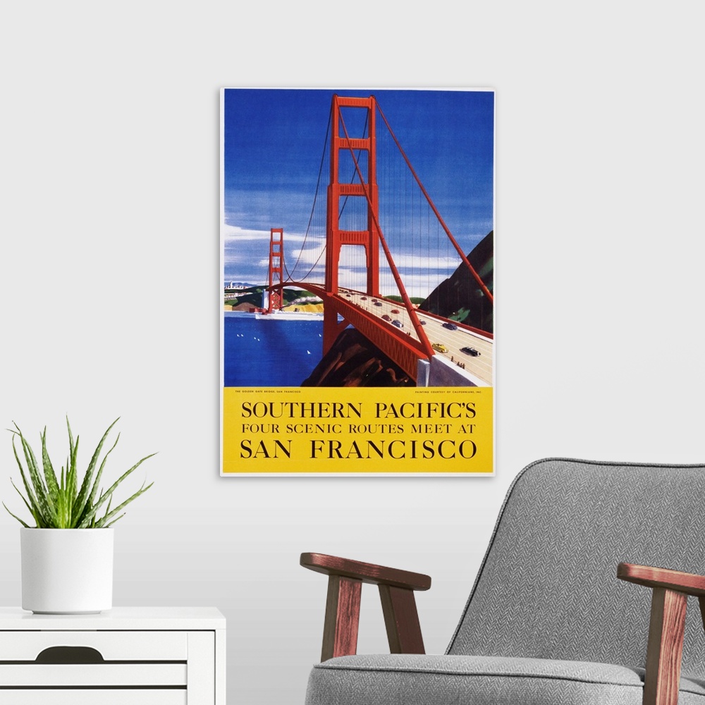 A modern room featuring Southern Pacific's Four Scenic Routes Meet At San Francisco Travel Poster