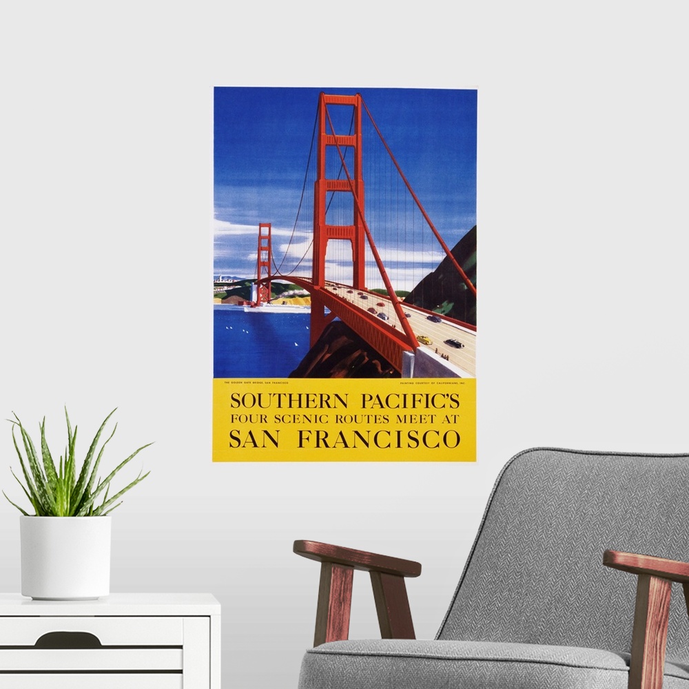 A modern room featuring Southern Pacific's Four Scenic Routes Meet At San Francisco Travel Poster