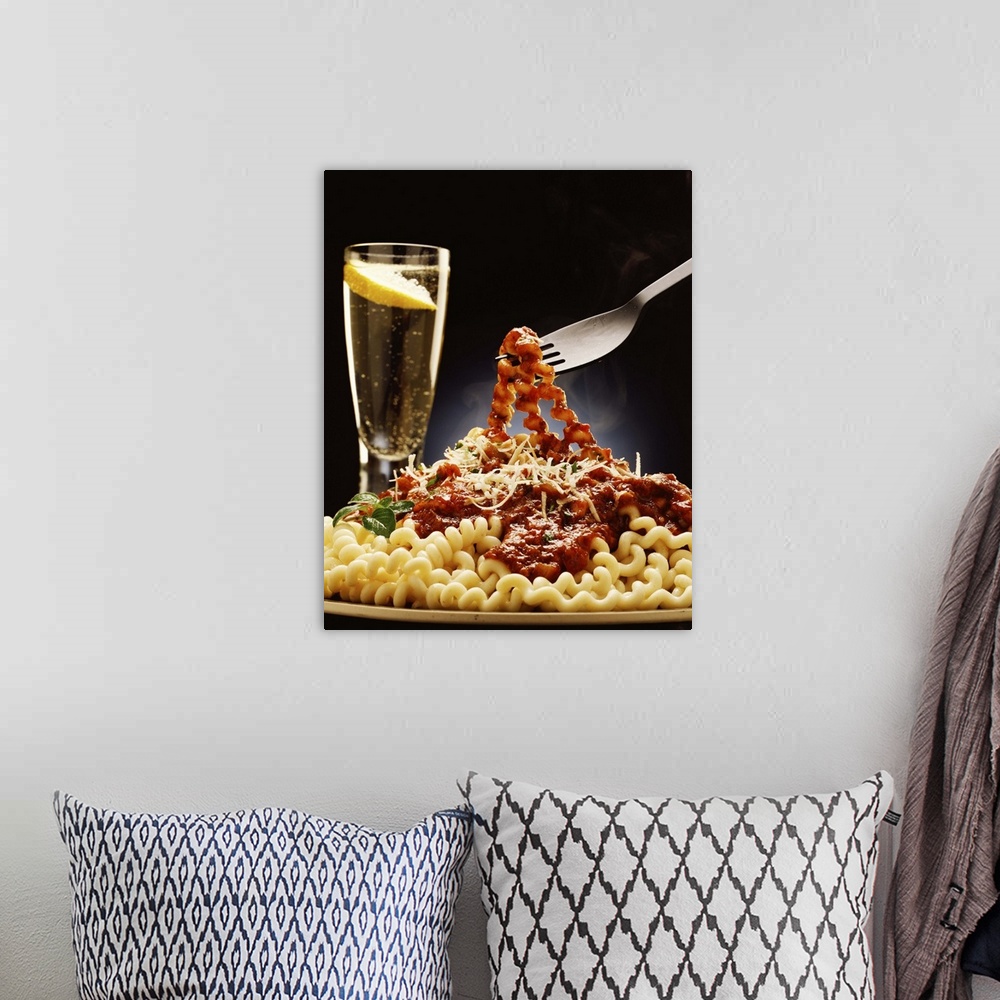 A bohemian room featuring Spiral pasta with tomato sauce