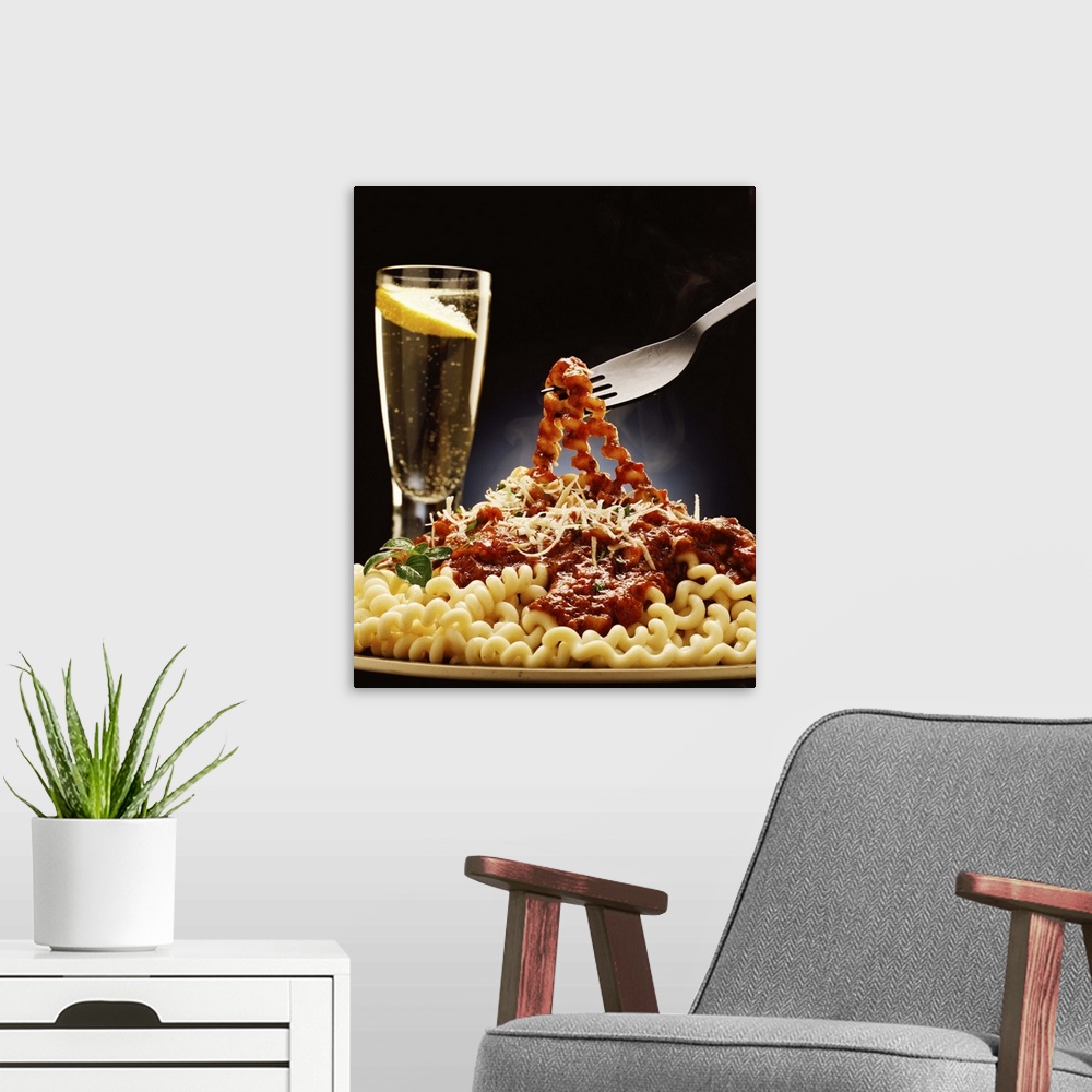 A modern room featuring Spiral pasta with tomato sauce