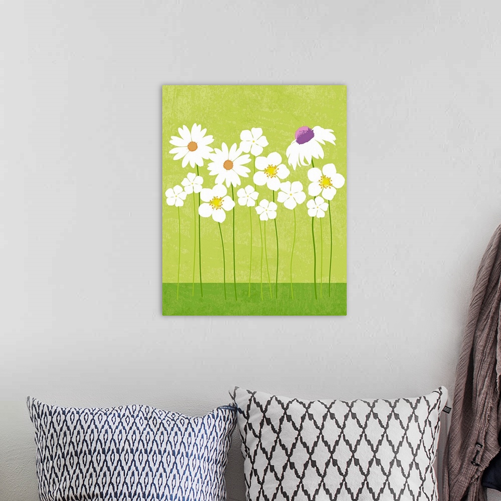 A bohemian room featuring Graphic Spring Flowers poster illustration