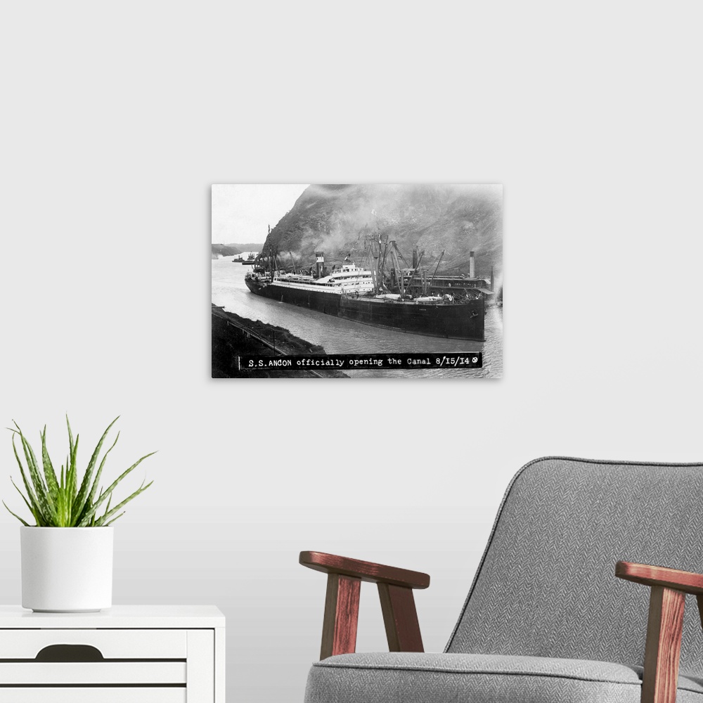 A modern room featuring SS Ancon officially opening the Panama Canal, August 15, 1914.