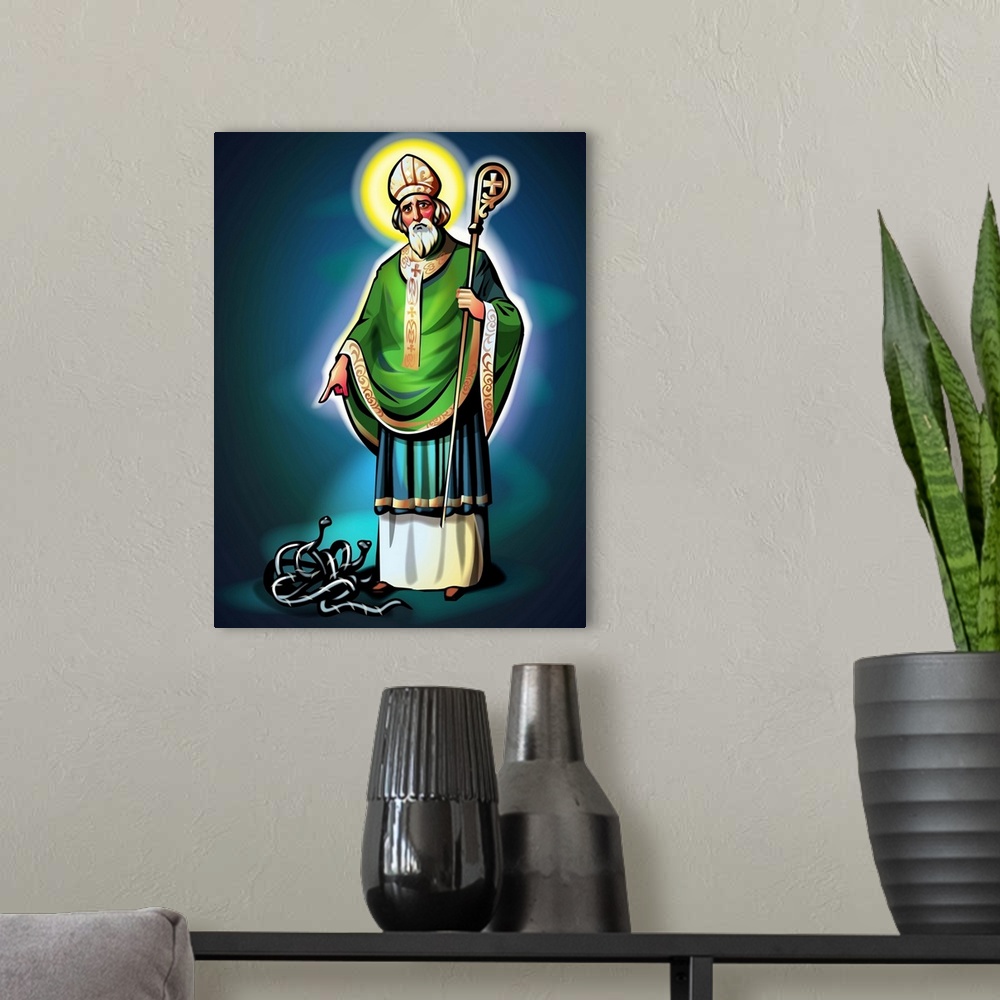 A modern room featuring St. Patrick pointing at snakes