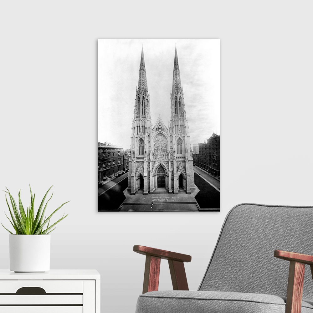A modern room featuring St. Patrick's Cathedral, the largest Catholic cathedral in the United States, stands on Fifth Ave...