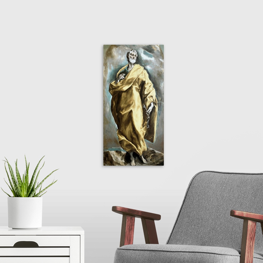 A modern room featuring St. Peter Apostle. Painting by Domenikos Theotokopoulos called El Greco (1540-1614), 1605-1610. O...