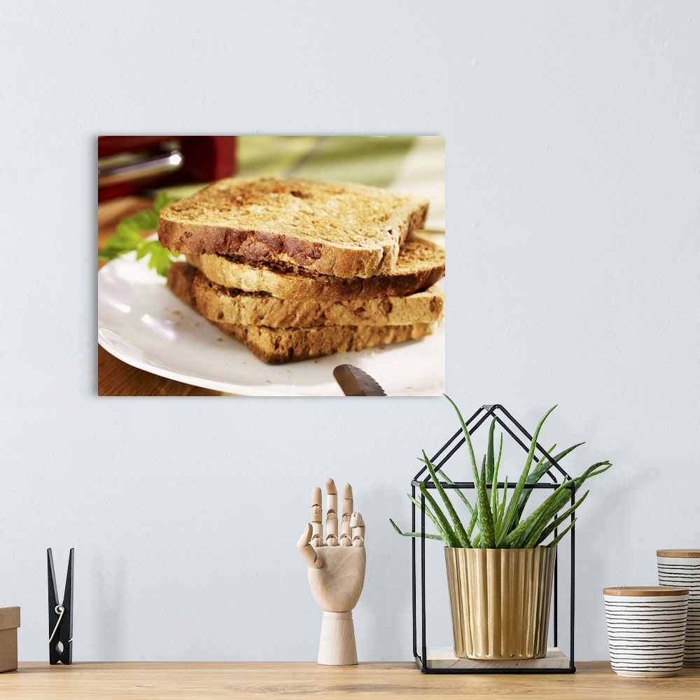 A bohemian room featuring Stacked toast on plate, close-up