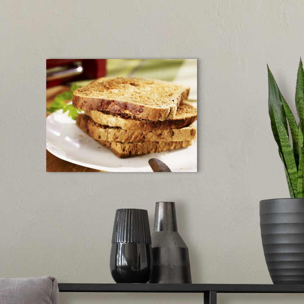 A modern room featuring Stacked toast on plate, close-up
