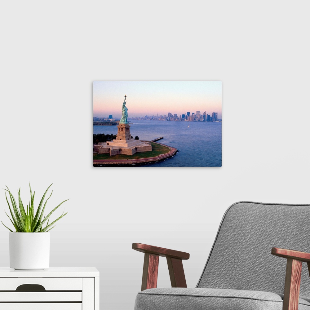 A modern room featuring Statue of Liberty and skyline of New York City , USA