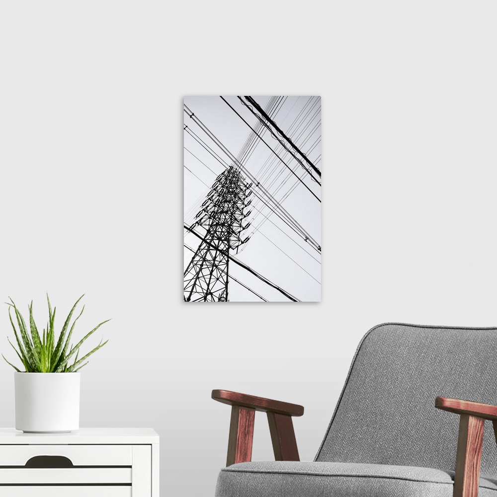 A modern room featuring Steel tower and wires.