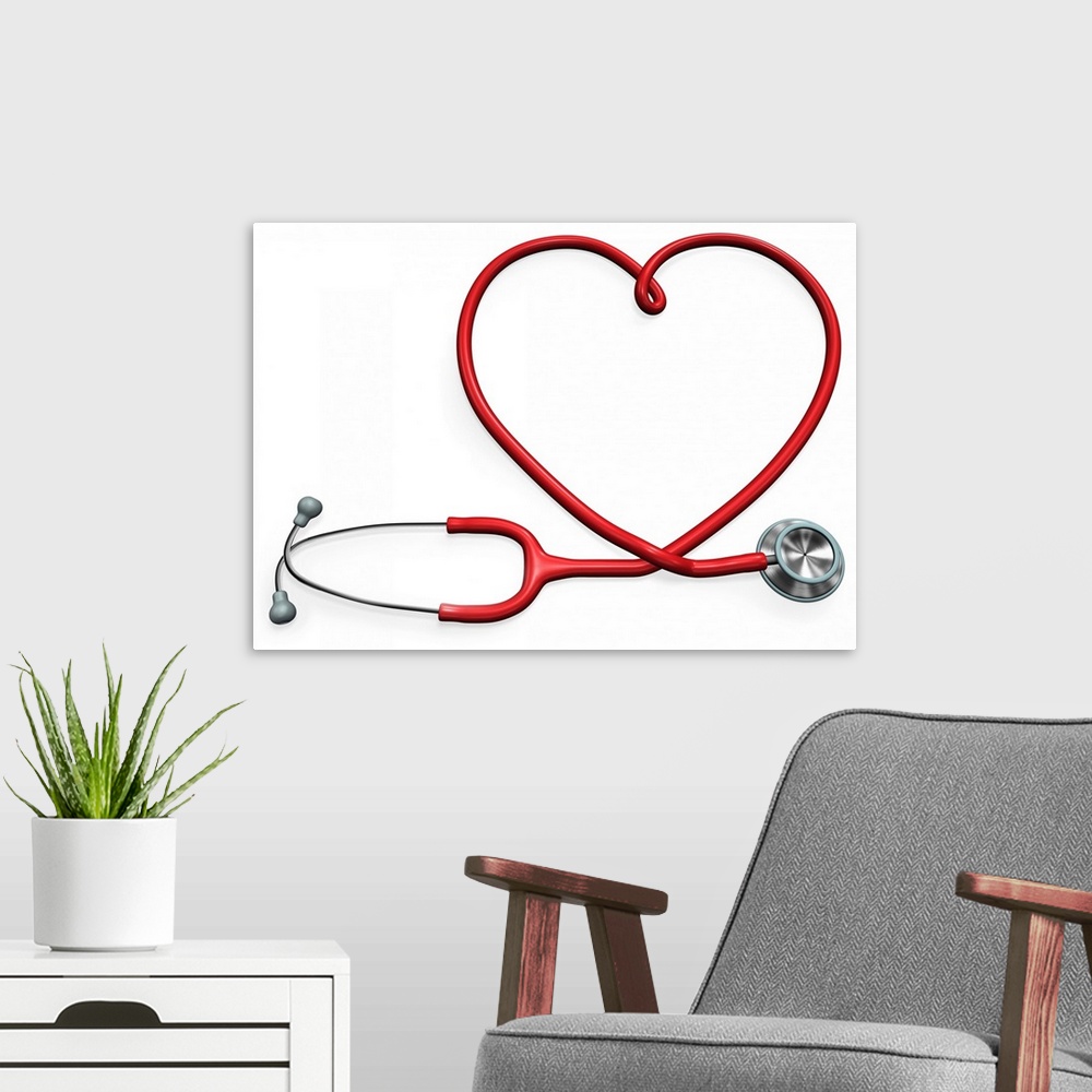 A modern room featuring Red stethoscope forming a heart shape with the tube