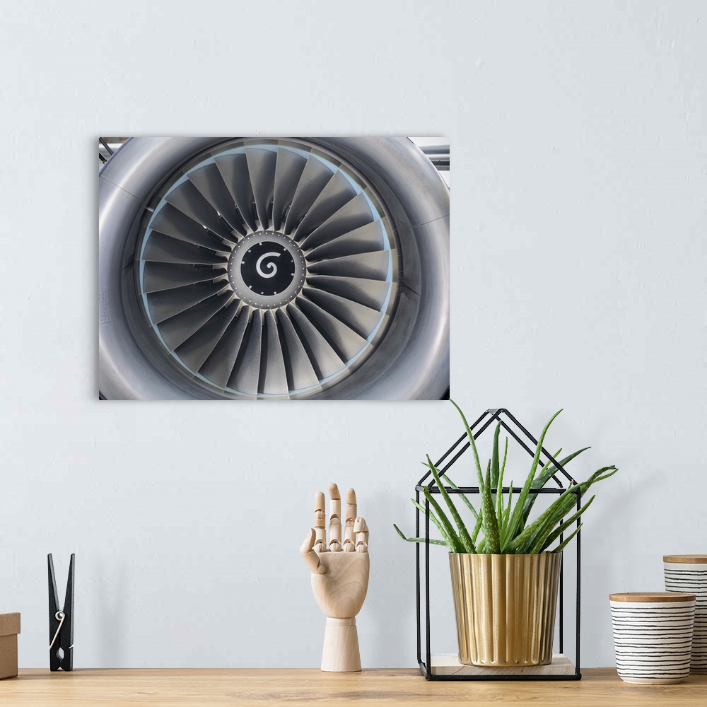 A bohemian room featuring Close up of still jet airplane engine