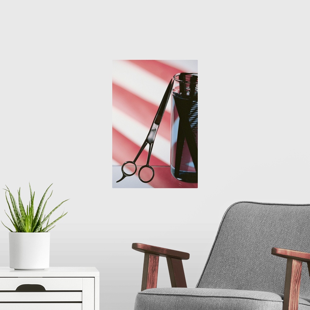 A modern room featuring Still life of barbershop pole with scissors and combs