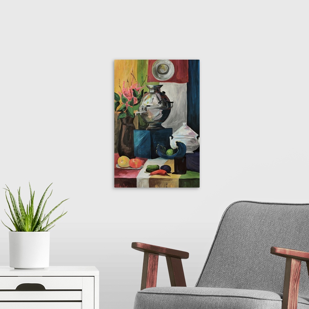 A modern room featuring Still life with a samovar, dishes, fruit, and flowers.