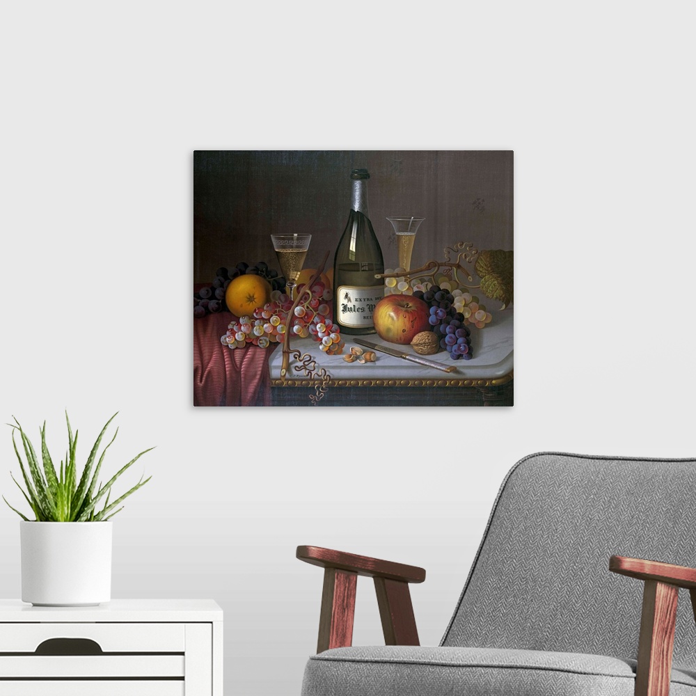 A modern room featuring Still Life with a Bottle of Champagne and Two Glasses, with Various Fruit, published by the Louis...