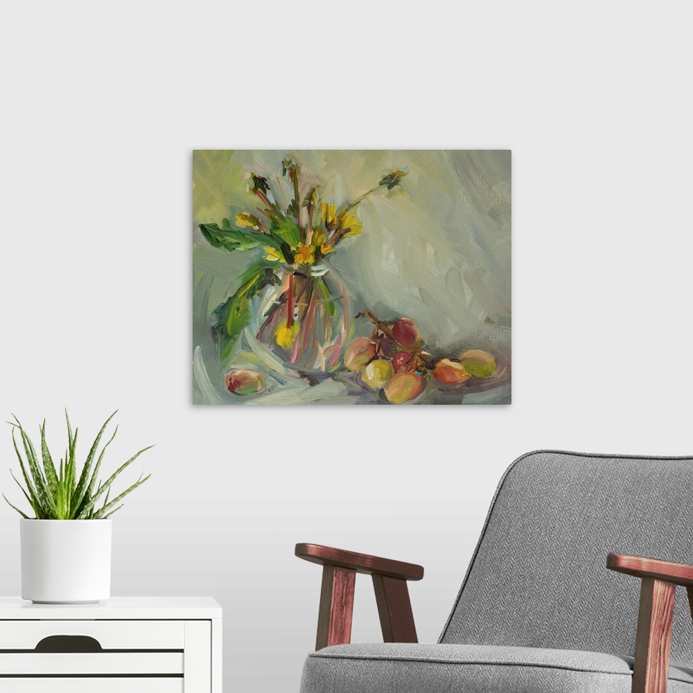 A modern room featuring Still life with grapes and a bouquet of yellow dandelions in a vase.