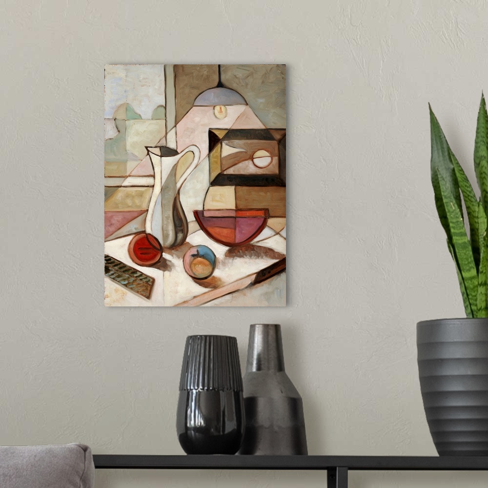 A modern room featuring Abstract oil painting of still life with pitcher and fruits.