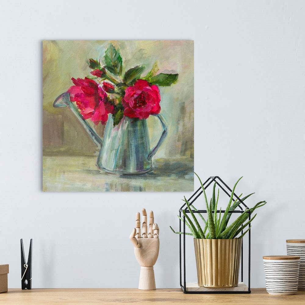 A bohemian room featuring Summer bouquet of fragrant raspberry roses with acrylic paints.