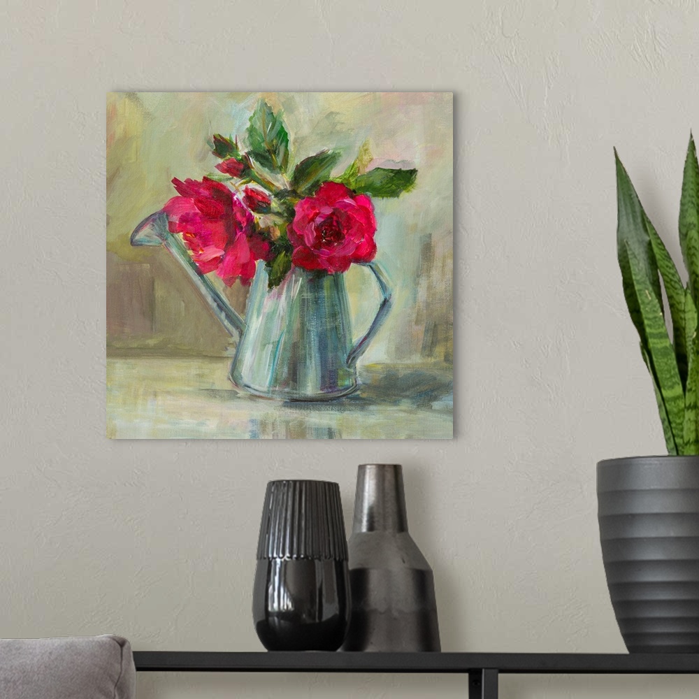 A modern room featuring Summer bouquet of fragrant raspberry roses with acrylic paints.