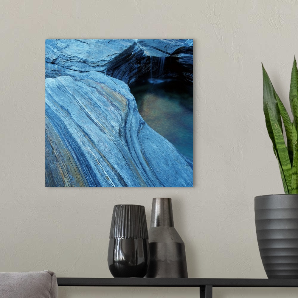 A modern room featuring Strata In Rock Formation Along Verzasca River