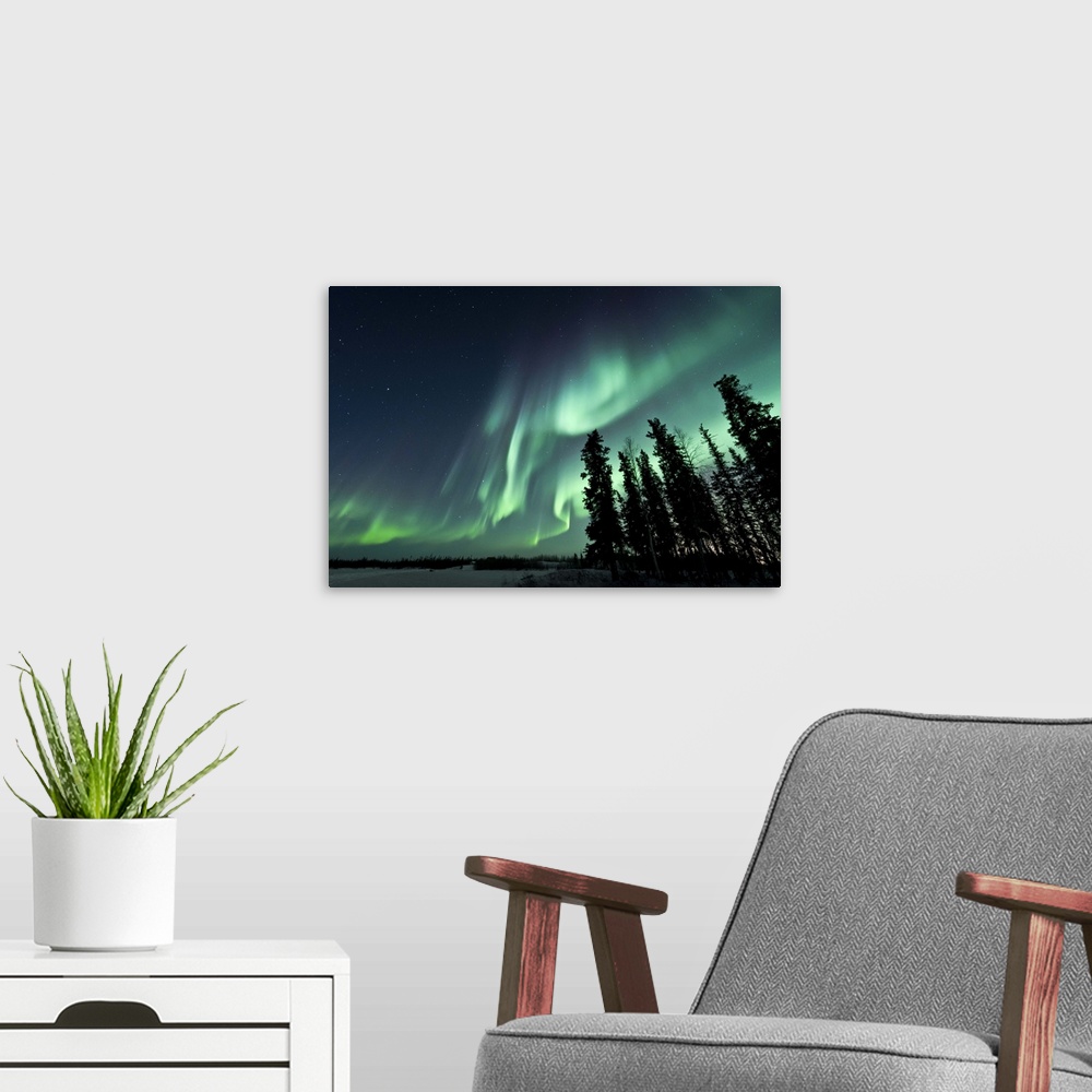 A modern room featuring Strong aurora over Walsh Lake, Northwest Territories, Canada.