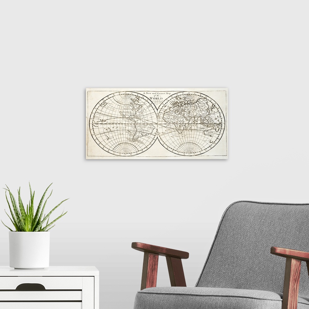A modern room featuring Large antiqued map of the word print with two circles next to each other and the different land m...