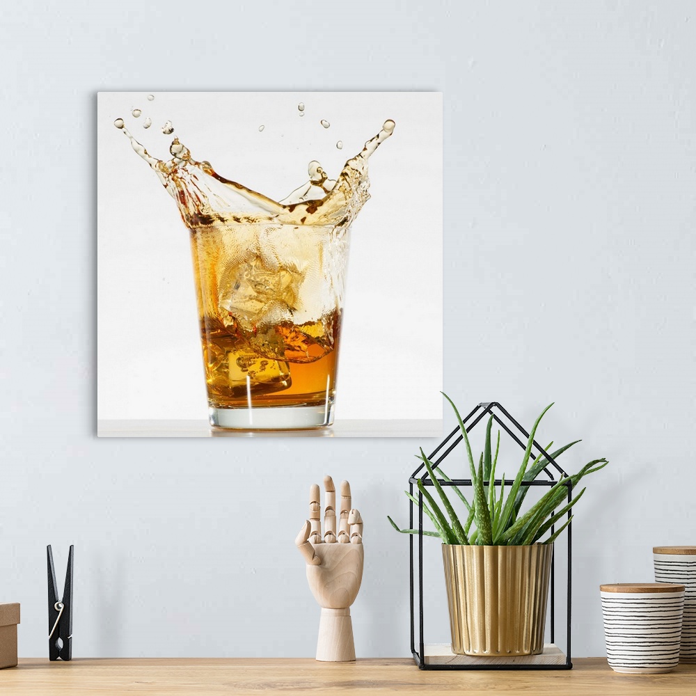 A bohemian room featuring Studio shot of ice cubes splashing into glass of whiskey