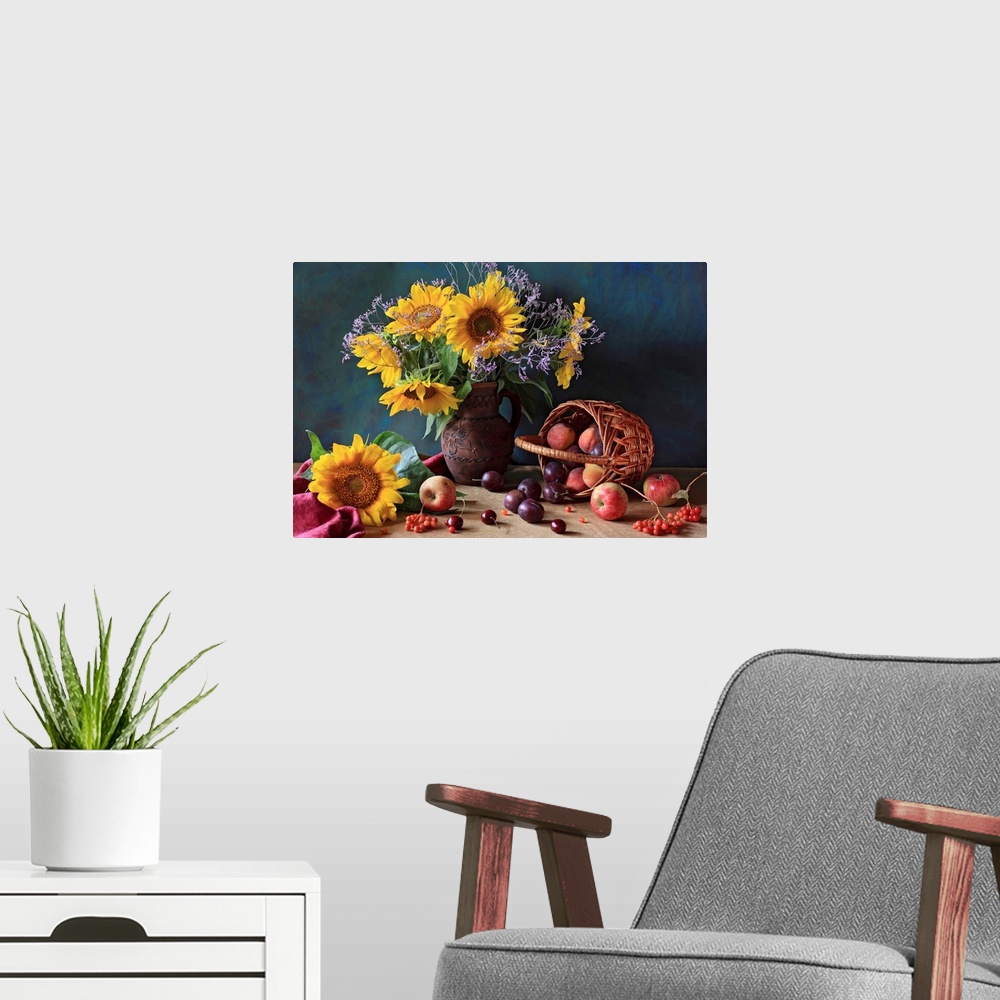 A modern room featuring Big photograph composed of a flower arrangement sitting within and around a ceramic jug that is n...