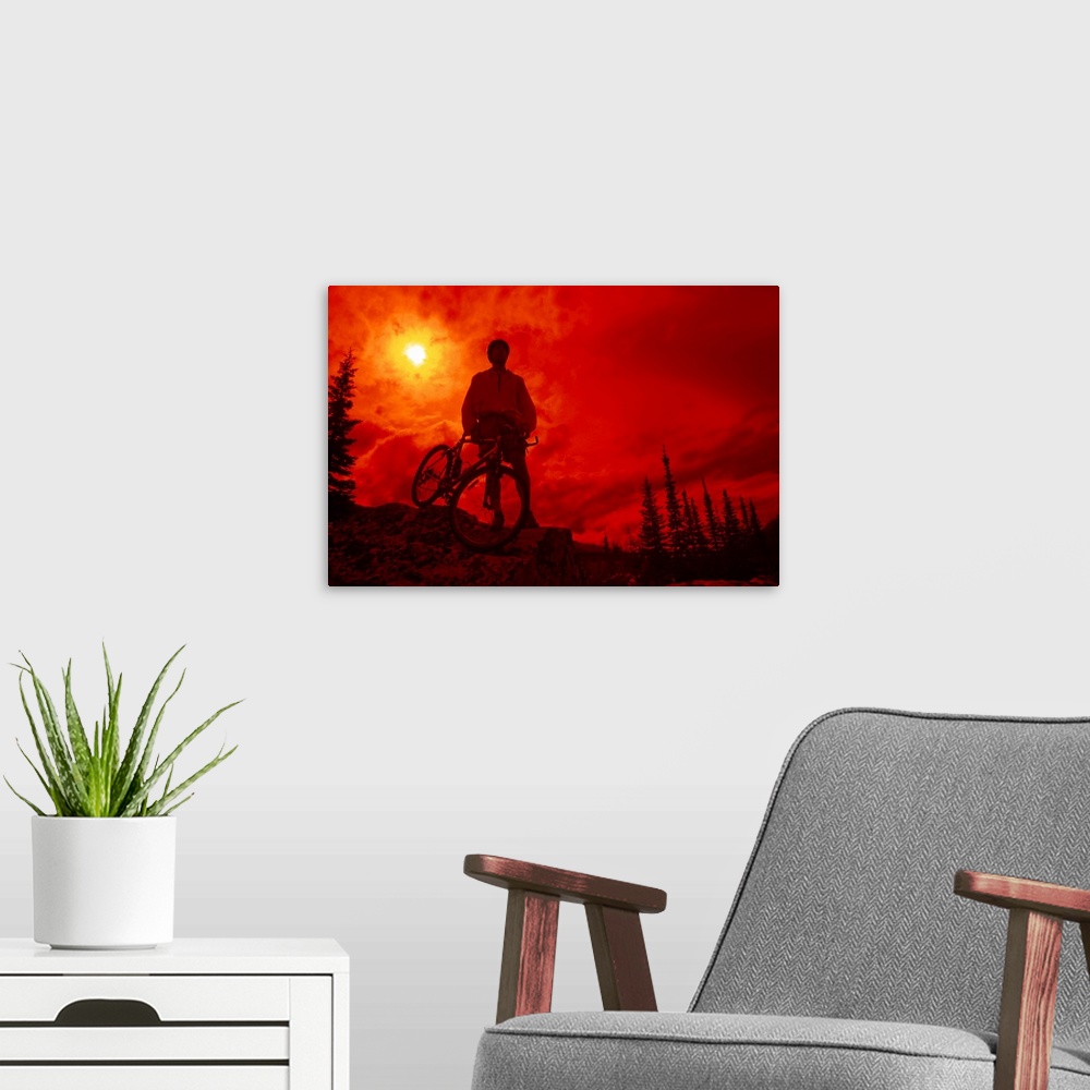 A modern room featuring Sun behind cyclist on hill
