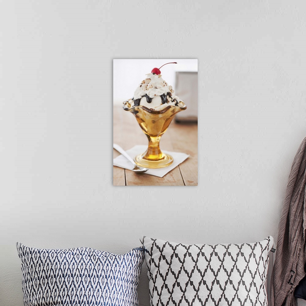 A bohemian room featuring Close up of sundae with cherry on top