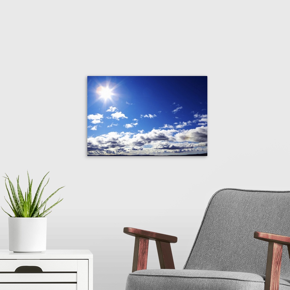 A modern room featuring Sunny blue sky