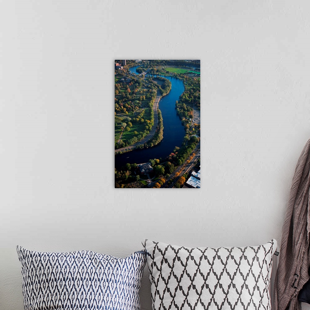 A bohemian room featuring AERIAL VIEW of Charles River through Cambridge, Boston, MA