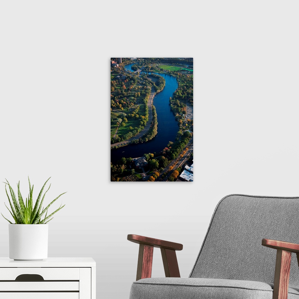 A modern room featuring AERIAL VIEW of Charles River through Cambridge, Boston, MA