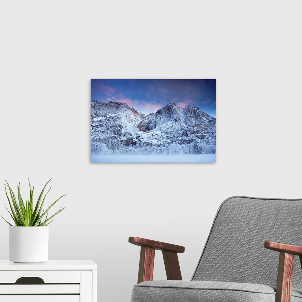 A modern room featuring Sunrise after fresh snow in Yosemite Valley.