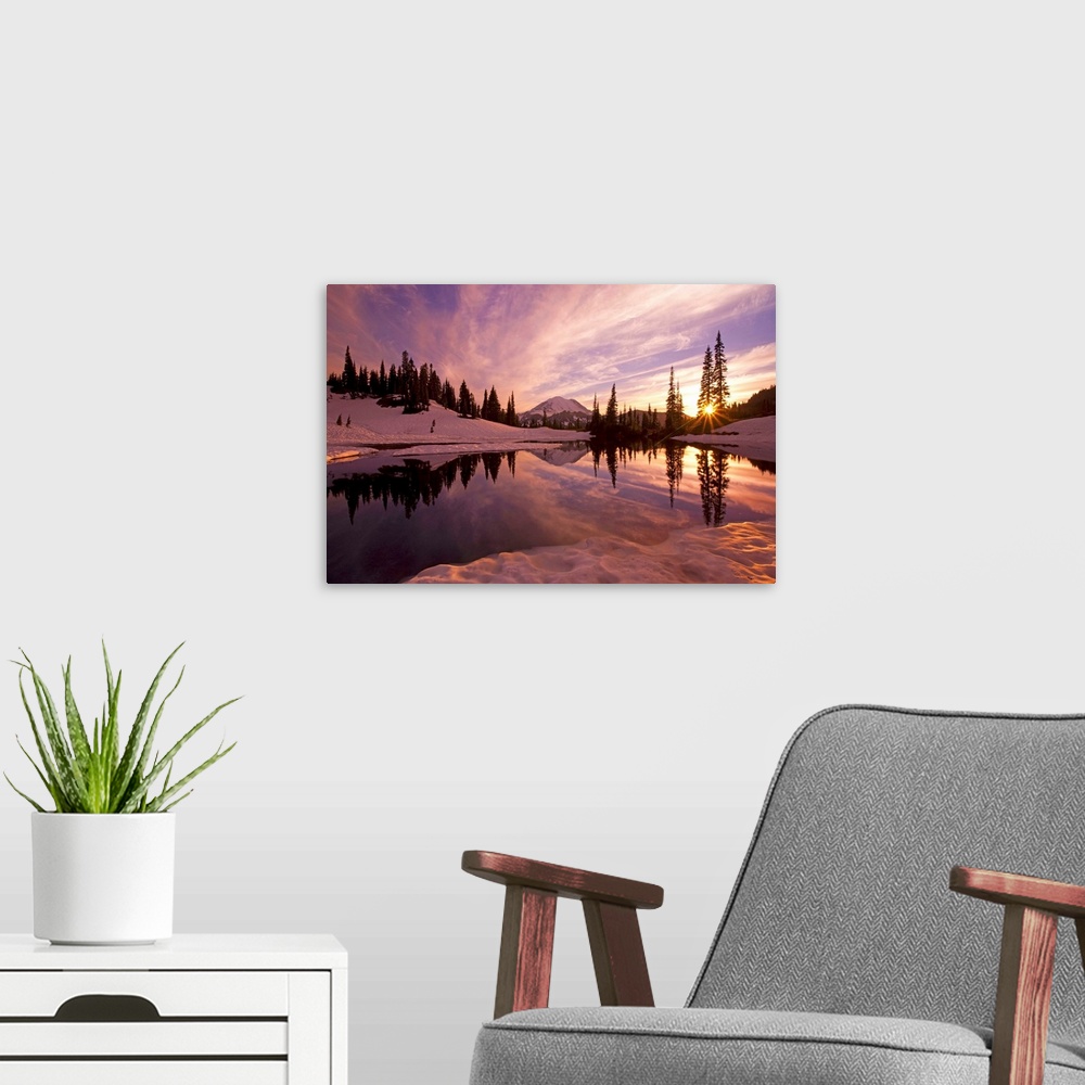 A modern room featuring Sunrise At Tipsoo Lakes And Mount Rainier