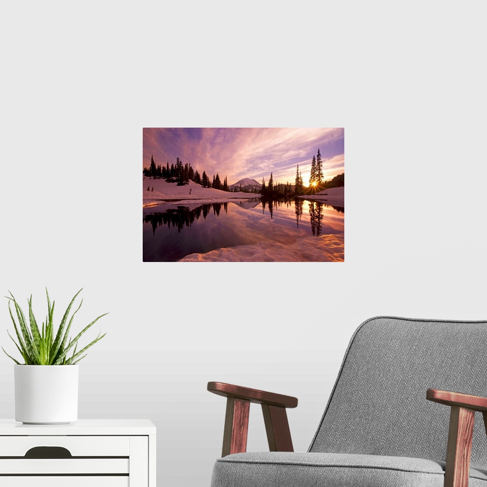 A modern room featuring Sunrise At Tipsoo Lakes And Mount Rainier