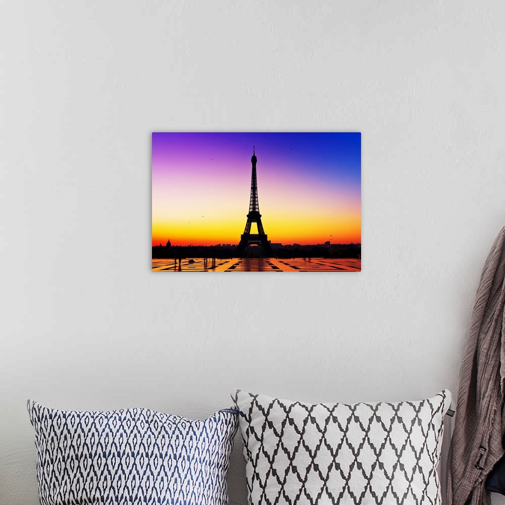 A bohemian room featuring Sunrise over city of Paris and Eiffel Tower.