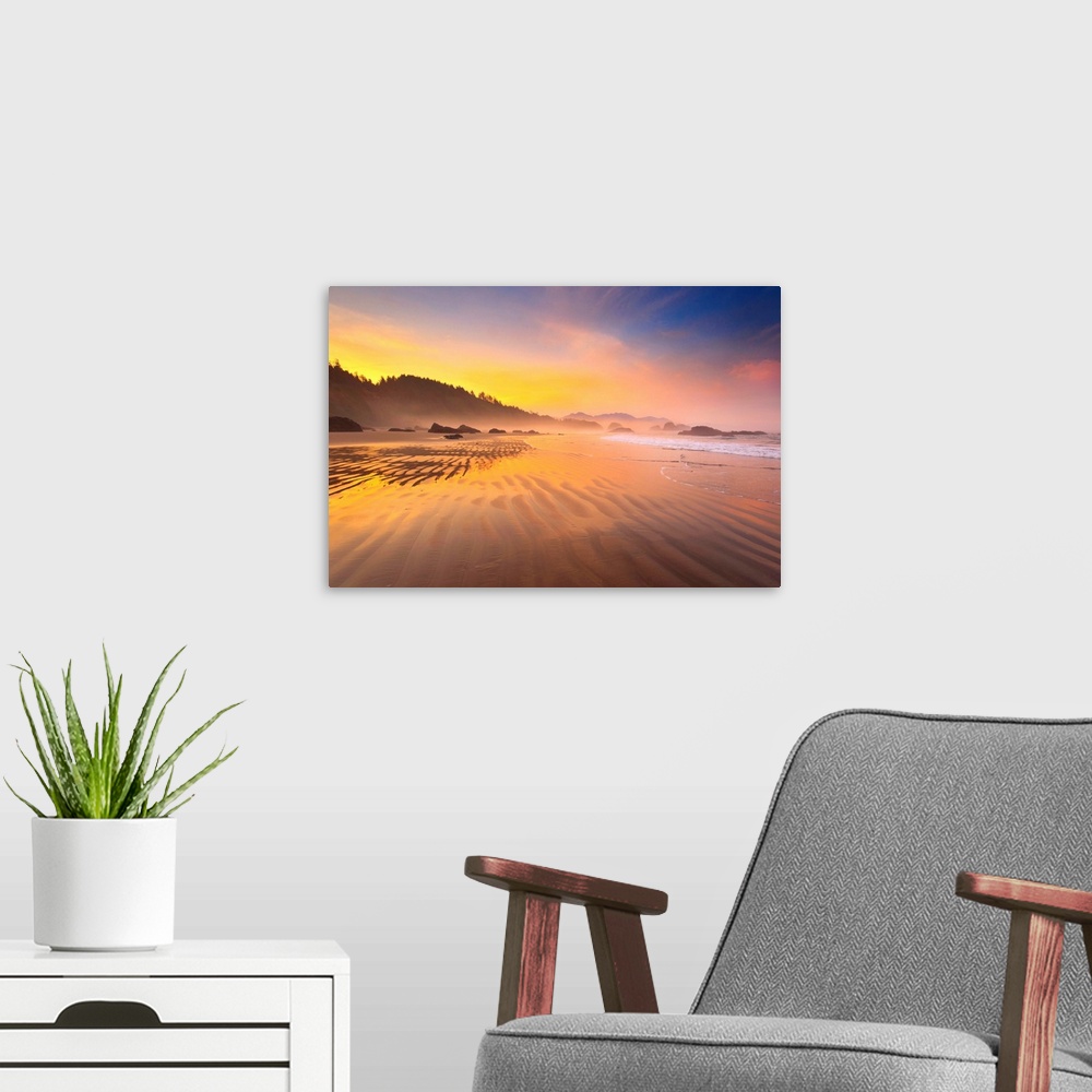 A modern room featuring sunrise Cresent Beach, Ecola State Park, Oregon Coast, Pacific Ocean, Pacific Northwest.