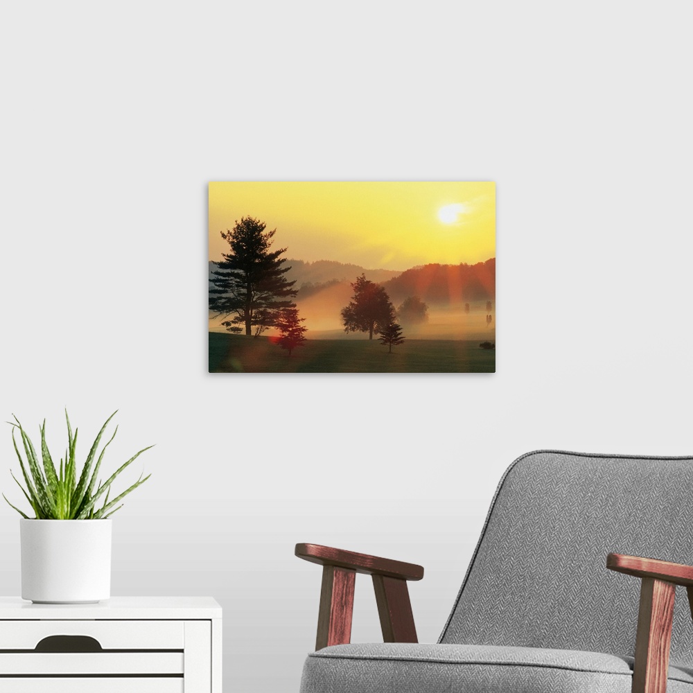 A modern room featuring Sunrise over rural landscape with fog